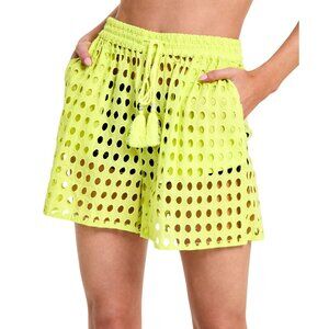 NWT Dotti Cotton Openwork Dot Cover Up Drawstring Shorts 85288 Citron Green S
